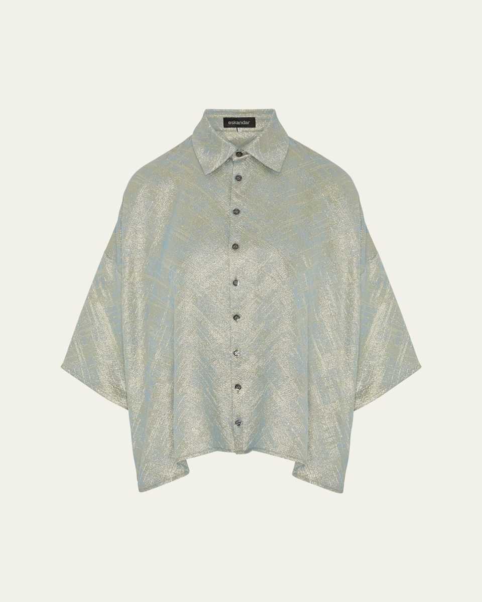 Sloped Shoulder Wide A-Line Short Sleeve Shirt With Collar (Mid Length)